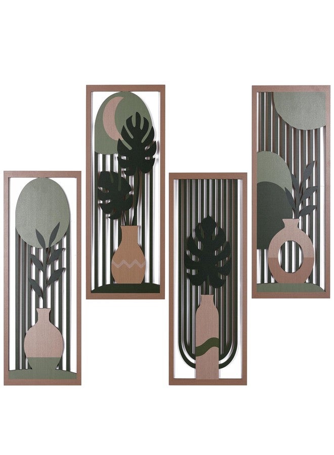 suruim Boho Wall Art Set of 4, Abstract Geometric Wooden Wall Decor, Mid-Century Modern Aesthetic Artwork with Arch, Vase & Botanical Design for Modern Home Decor for Bedroom, Office & Living Room(D) - Image 1